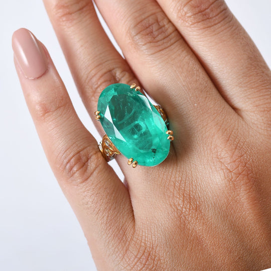 D'Joy Smaragd-Quarz Triplette Ring 925 Silber Rhodiniert und 750 Gelbgold Vermeil (Größe 20.00) ca. 28,03 ct