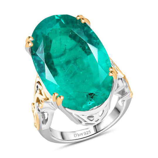 D'Joy Smaragd-Quarz Triplette Ring 925 Silber Rhodiniert und 750 Gelbgold Vermeil (Größe 20.00) ca. 28,03 ct