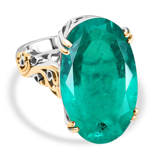 D'Joy Smaragd-Quarz Triplette Ring 925 Silber Rhodiniert und 750 Gelbgold Vermeil (Größe 20.00) ca. 28,03 ct