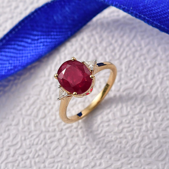 D'Joy Afrikanischer Rubin (Fissure gefüllt), Moissanit Ring 925 Silber 750 Gelb Vergoldet (Größe 21.00) ca. 4,33 ct