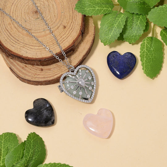 Herz Anhänger mit wechselbaren Edelsteinen und Kette, ca. 50 cm + 5 cm Extender, Nickelfreies Messing, Silberfarben