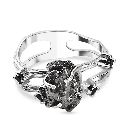 D'Joy Muonionalusta Meteorit, Schwarzer Spinell Ring 925 Silber rhodiniert (Größe 21.00) ca. 16.25 ct