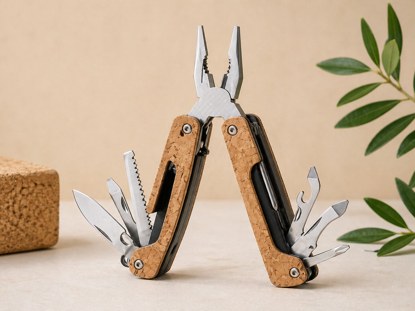 Multitool aus Kork und 316L Edelstahl (9 Funktionen). P Brown