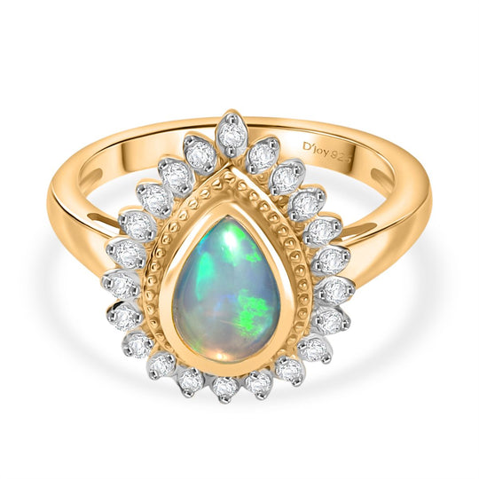 D'Joy AA Natürlicher, äthiopischer Welo Opal, Weißer Zirkon Ring 925 Silber vergoldet (Größe 19.00) ca. 1.28 ct