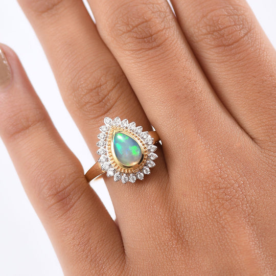 D'Joy AA Natürlicher, äthiopischer Welo Opal, Weißer Zirkon Ring 925 Silber vergoldet (Größe 19.00) ca. 1.28 ct