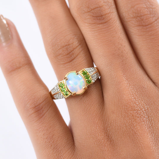 D'Joy AA Natürlicher, äthiopischer Welo Opal, Natürlicher Chromdiopsid Ring 925 Silber vergoldet (Größe 20.00) ca. 1.71 ct