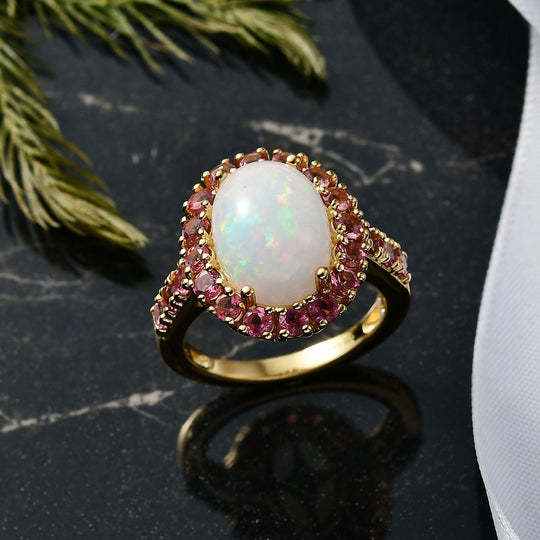 D'Joy AAA Natürlicher, äthiopischer Welo Opal, Rosa Turmalin Ring 925 Silber 750 Gelbgold Vermeil (Größe 17.00) ca. 5.54 ct