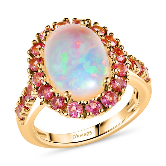 D'Joy AAA Natürlicher, äthiopischer Welo Opal, Rosa Turmalin Ring 925 Silber 750 Gelbgold Vermeil (Größe 17.00) ca. 5.54 ct