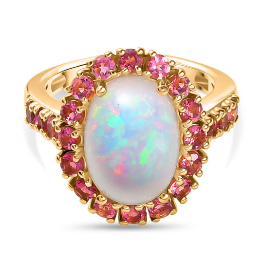 D'Joy AAA Natürlicher, äthiopischer Welo Opal, Rosa Turmalin Ring 925 Silber 750 Gelbgold Vermeil (Größe 17.00) ca. 5.54 ct