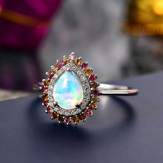 D'Joy AA Natürlicher, äthiopischer Welo Opal, Mehrfarbiger-Turmalin Ring 925 Silber rhodiniert (Größe 21.00) ca. 1.74 ct