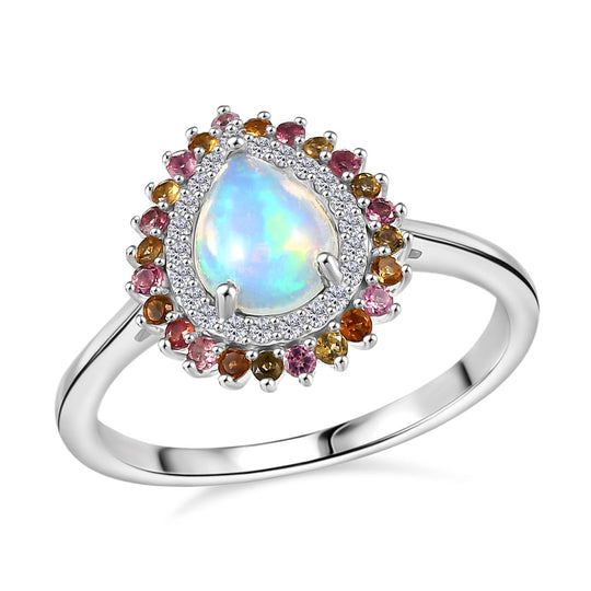 D'Joy AA Natürlicher, äthiopischer Welo Opal, Mehrfarbiger-Turmalin Ring 925 Silber rhodiniert (Größe 21.00) ca. 1.74 ct