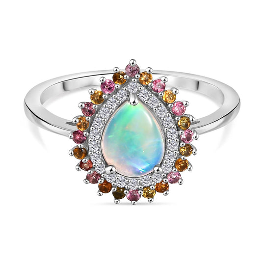 D'Joy AA Natürlicher, äthiopischer Welo Opal, Mehrfarbiger-Turmalin Ring 925 Silber rhodiniert (Größe 21.00) ca. 1.74 ct