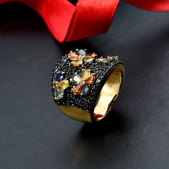 D'Joy Mehrfarbig Saphir, Schwarzer Spinell Ring 925 Silber 750 Gelbgold Vermeil (Größe 17.00) ca. 5,71 ct