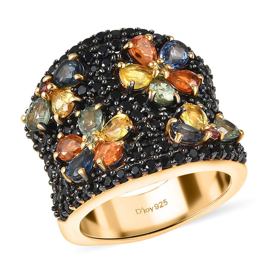 D'Joy Mehrfarbig Saphir, Schwarzer Spinell Ring 925 Silber 750 Gelbgold Vermeil (Größe 17.00) ca. 5,71 ct