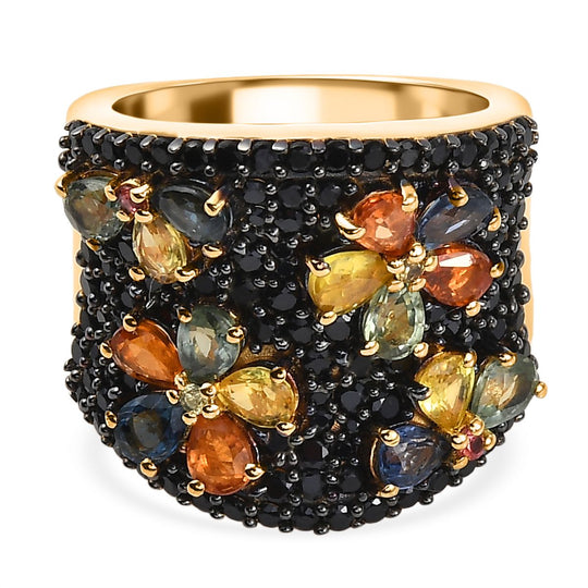D'Joy Mehrfarbig Saphir, Schwarzer Spinell Ring 925 Silber 750 Gelbgold Vermeil (Größe 17.00) ca. 5,71 ct