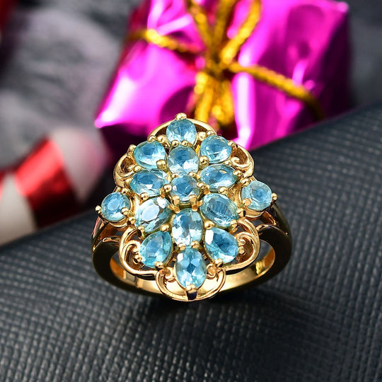D'Joy Betroka Blauer Apatit Ring 925 Silber 750 Gelb Vergoldet (Größe 19.00) ca. 2,57 ct