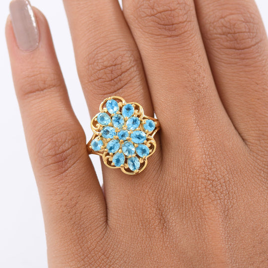 D'Joy Betroka Blauer Apatit Ring 925 Silber 750 Gelb Vergoldet (Größe 19.00) ca. 2,57 ct