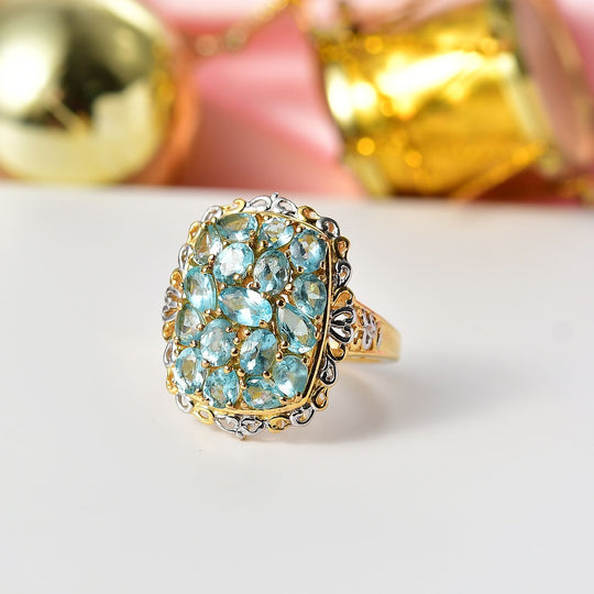 Batroke Blauer Apatit Ring Nickelfreies Messing platiniert und vergoldet (Größe 19.00) ca. 3.22 ct