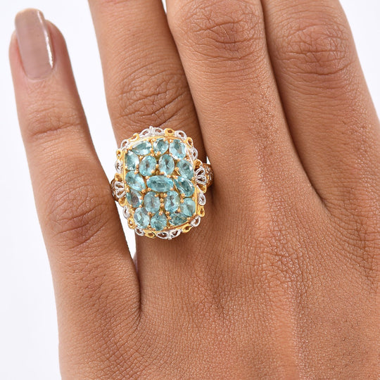 Batroke Blauer Apatit Ring Nickelfreies Messing platiniert und vergoldet (Größe 19.00) ca. 3.22 ct