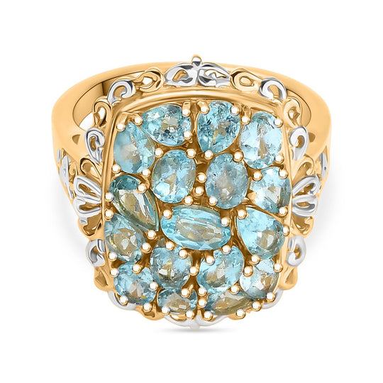 Batroke Blauer Apatit Ring Nickelfreies Messing platiniert und vergoldet (Größe 19.00) ca. 3.22 ct