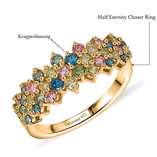 LUXURIANT SGL zertifizierter SI-GH Labor mehrfarbiger Diamant Ring, 925 Silber 750 Gelbgold Vermeil - 1 ct.