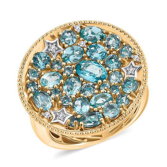 D'Joy Blauer Apatit Ring 925 Silber Rhodiniert und 750 Gelbgold Vermeil (Größe 20.00) ca. 3.90 ct
