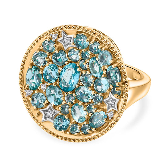 D'Joy Blauer Apatit Ring 925 Silber Rhodiniert und 750 Gelbgold Vermeil (Größe 20.00) ca. 3.90 ct