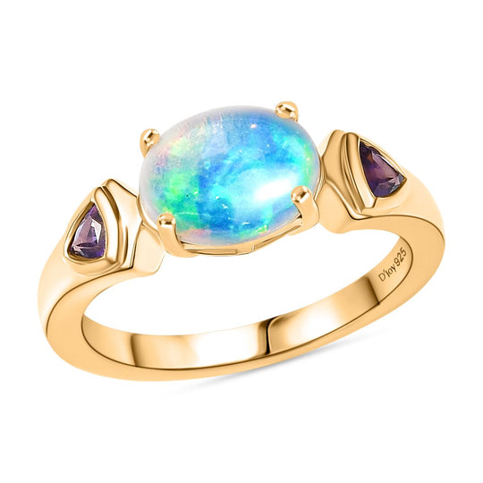 D'Joy AA Natürlicher, äthiopischer Welo Opal, Afrikanischer Amethyst Ring 925 Silber 750 Gelb Vergoldet (Größe 18.00) ca. 1.31 ct