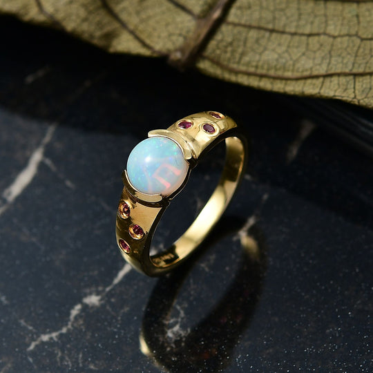 D'Joy AA Natürlicher, äthiopischer Welo Opal, Rubellit Ring 925 Silber 750 Gelb Vergoldet (Größe 18.00) ca. 1.00 ct