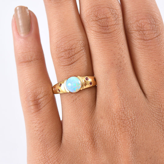 D'Joy AA Natürlicher, äthiopischer Welo Opal, Rubellit Ring 925 Silber 750 Gelb Vergoldet (Größe 18.00) ca. 1.00 ct