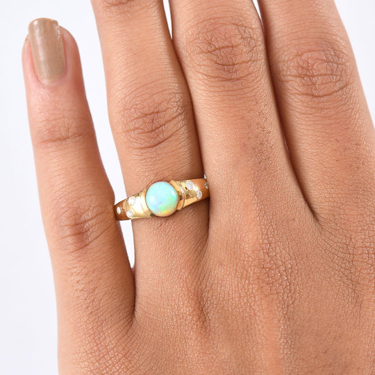 D'Joy AA Natürlicher, äthiopischer Welo Opal, Moissanit Ring 925 Silber 750 Gelb Vergoldet (Größe 18.00) ca. 1.01 ct