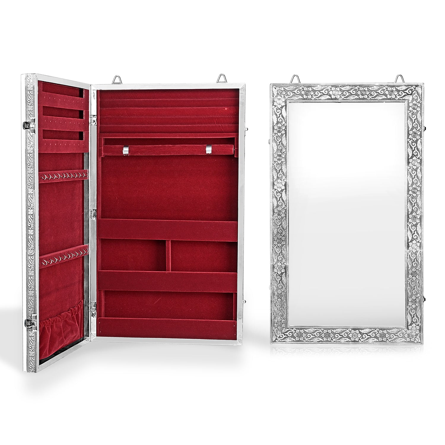 LIVMORE Schmuck Organizer mit Spiegel, Teakholz, 55,88 x 33 x 8,25 cm, Silberfarben