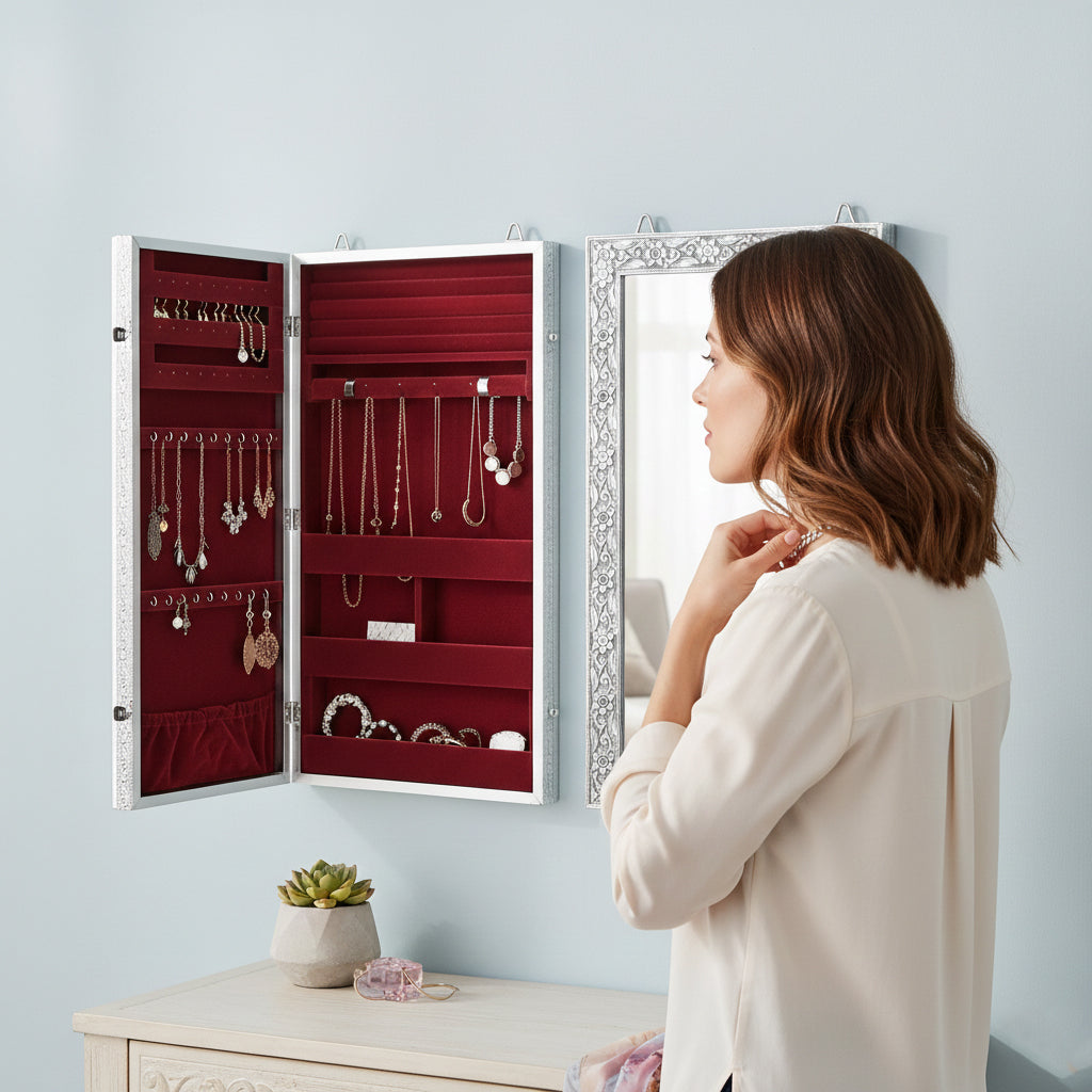 LIVMORE Schmuck Organizer mit Spiegel, Teakholz, 55,88 x 33 x 8,25 cm, Silberfarben
