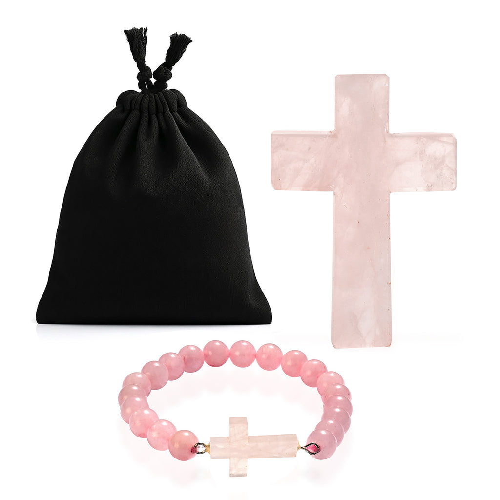 LIVMORE Rosenquarz Edelstein Kreuz mit Armband und Kreuz Anhänger, 7,62 cm