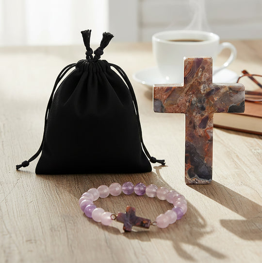 LIVMORE Amethyst Edelstein Kreuz mit Armband und Kreuz Anhänger, 7,62 cm, Lila