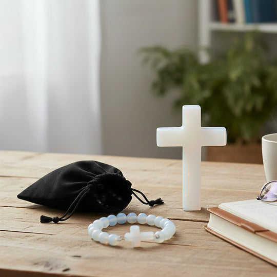 LIVMORE Opalit Edelstein Kreuz mit Armband und Kreuz Deko, 7,62 cm, Braun