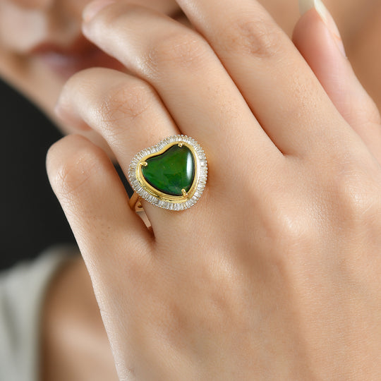 D'Joy Ammolit, Weißer Diamant Ring 925 Silber 750 Gelbgold Vermeil (Größe 19.00) ca. 3.88 ct