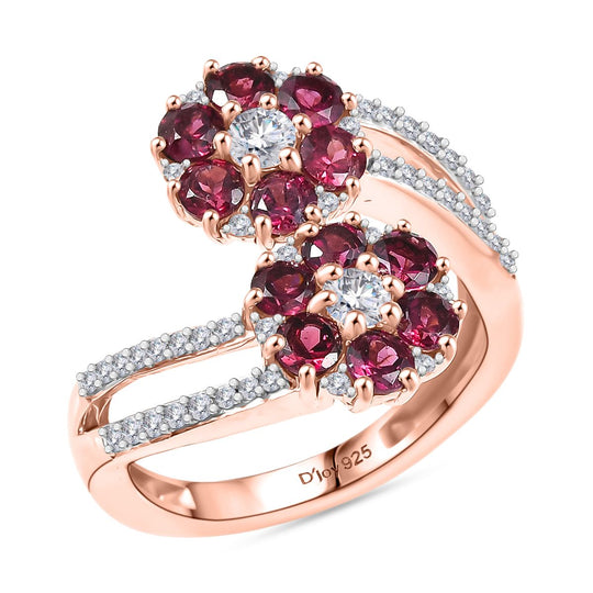 D'Joy Aura der Kaiserin Natürlicher Rhodolith Granat, Weißer Zirkon Ring 925 Silber 750 Roségold Vermeil (Größe 17.00) ca. 2.75 ct