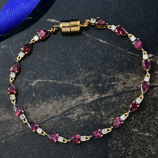 D'Joy Natürlicher Rhodolith Granat, Weißer Zirkon Armband ca. 19 cm 925 Silber 750 Gelbgold Vermeil ca. 9.39 ct