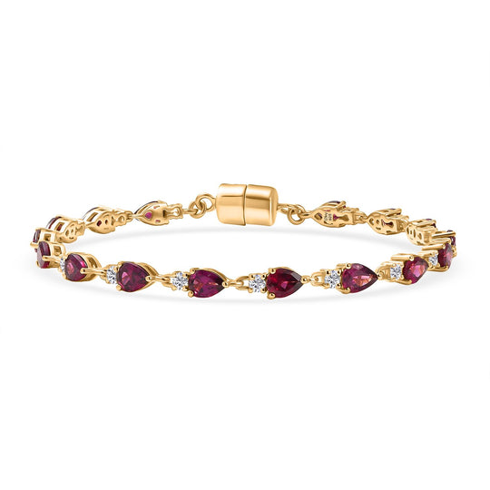 D'Joy Natürlicher Rhodolith Granat, Weißer Zirkon Armband ca. 19 cm 925 Silber 750 Gelbgold Vermeil ca. 9.39 ct