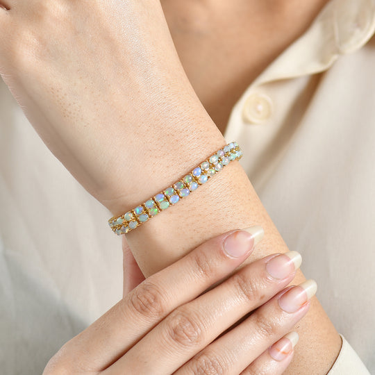 D'Joy AA Natürlicher, äthiopischer Welo Opal, Schwarzer Spinell Armband ca. 19 cm 925 Silber 750 Gelbgold Vermeil ca. 7.96 ct