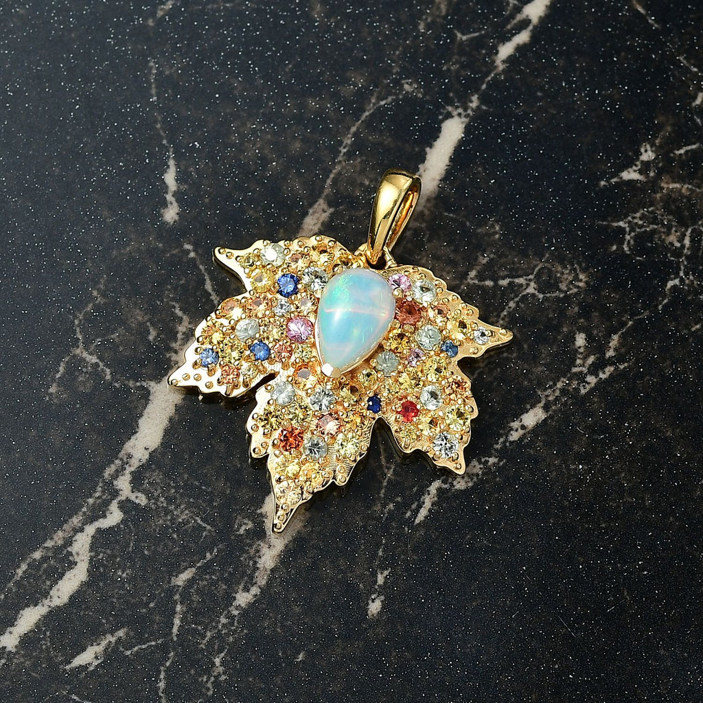 D'Joy AA Natürlicher, äthiopischer Welo Opal, Mehrfarbig Saphir Anhänger 925 Silber 750 Gelbgold Vermeil ca. 2.98 ct