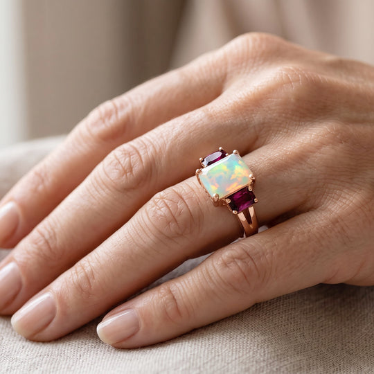 D'Joy AA Natürlicher, äthiopischer Welo Opal, Natürlicher Rhodolith Granat Ring 925 Silber rosévergoldet (Größe 20.00) ca. 1.76 ct