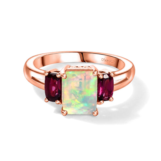 D'Joy AA Natürlicher, äthiopischer Welo Opal, Natürlicher Rhodolith Granat Ring 925 Silber rosévergoldet (Größe 20.00) ca. 1.76 ct