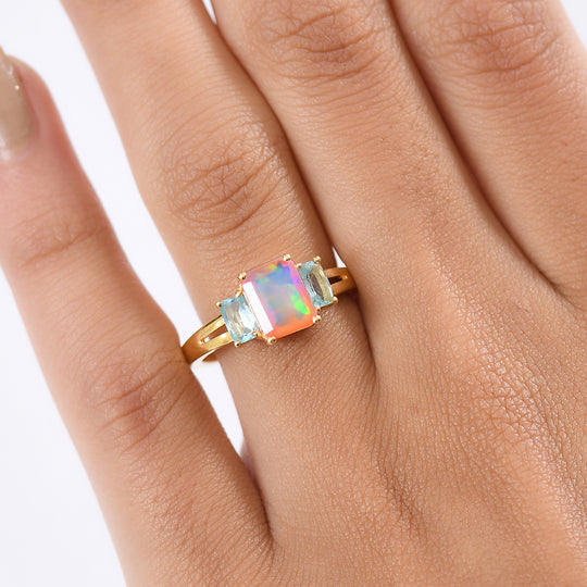 D'Joy AA Natürlicher, äthiopischer Welo Opal, Paraiba-Blau-Apatit Ring 925 Silber vergoldet (Größe 16.00) ca. 1.53 ct
