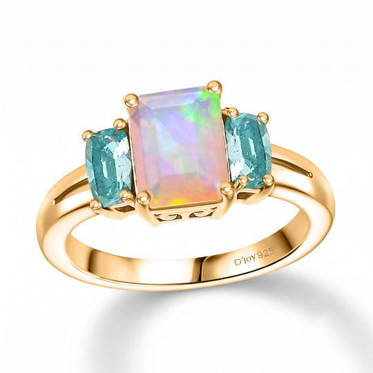 D'Joy AA Natürlicher, äthiopischer Welo Opal, Paraiba-Blau-Apatit Ring 925 Silber vergoldet (Größe 16.00) ca. 1.53 ct