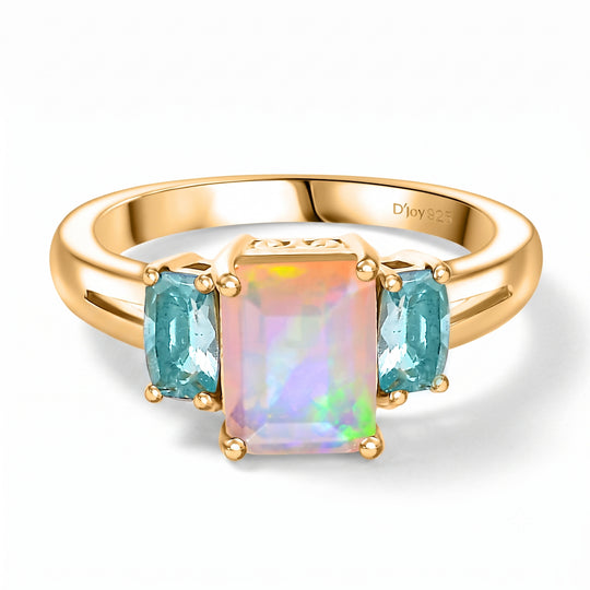 D'Joy AA Natürlicher, äthiopischer Welo Opal, Paraiba-Blau-Apatit Ring 925 Silber vergoldet (Größe 16.00) ca. 1.53 ct
