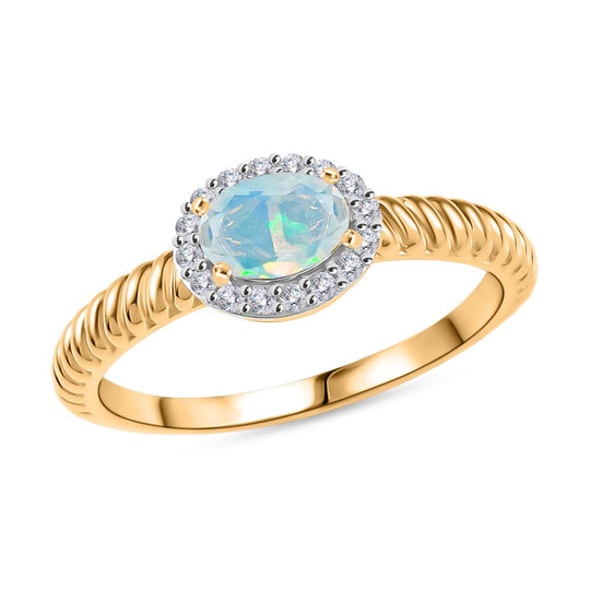 D'Joy AA Natürlicher, äthiopischer Welo Opal, Weißer Zirkon Ring 925 Silber vergoldet (Größe 20.00) ca. 0.67 ct