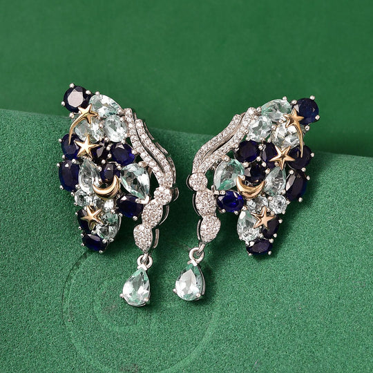 GP Trionfo Kollektion Himmelblauer Topas, Masoala Saphir (Fissure gefüllt) Ohrringe 925 Silber Rhodiniert und 750 Gelbgold Vermeil ca. 19.83 ct