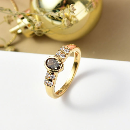 D'Joy AA Natürlicher goldener Tansanit, Weißer Zirkon Ring 925 Silber 750 Gelb Vergoldet (Größe 17.00) ca. 0.79 ct